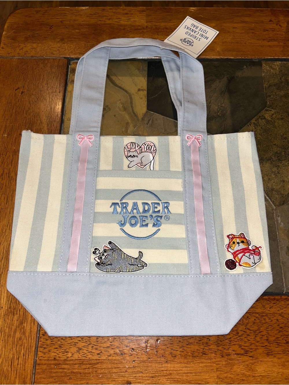 Upcycled Trader Joe's Cat Blue & White Striped Tote Bag